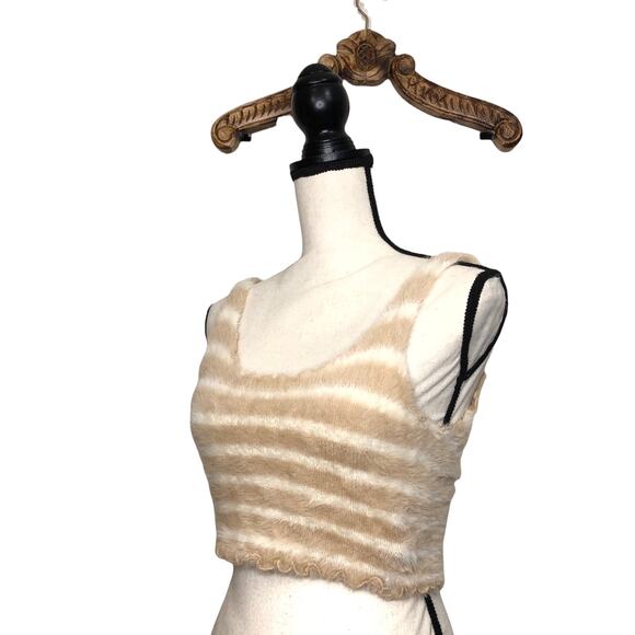 Urban Outfitters Top Fuzzy Furry Tank Neutral Stripe Crop 90's Y2K Medium - Picture 1 of 7